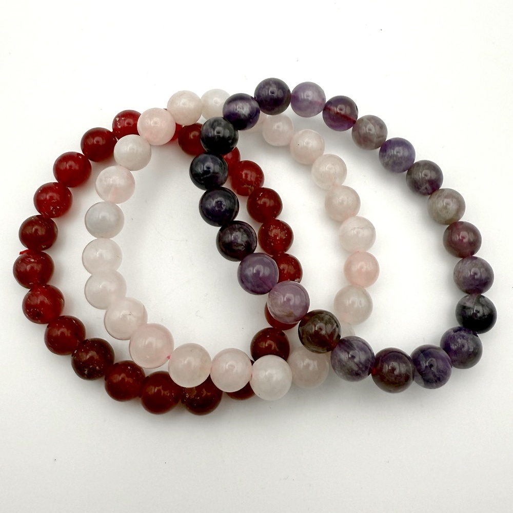 Beaded Rose Quartz, Amethyst, and Agate Bracelets Trio